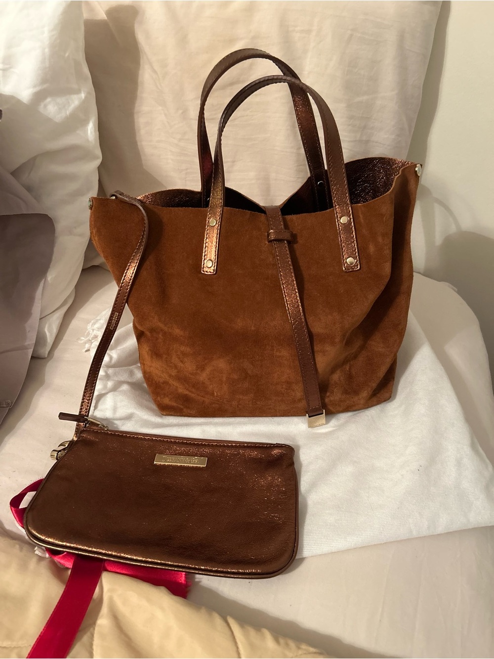 Tiffany and CoBrown Suede Tote Bag with Matching Metallic Wristlet - Women's Bag